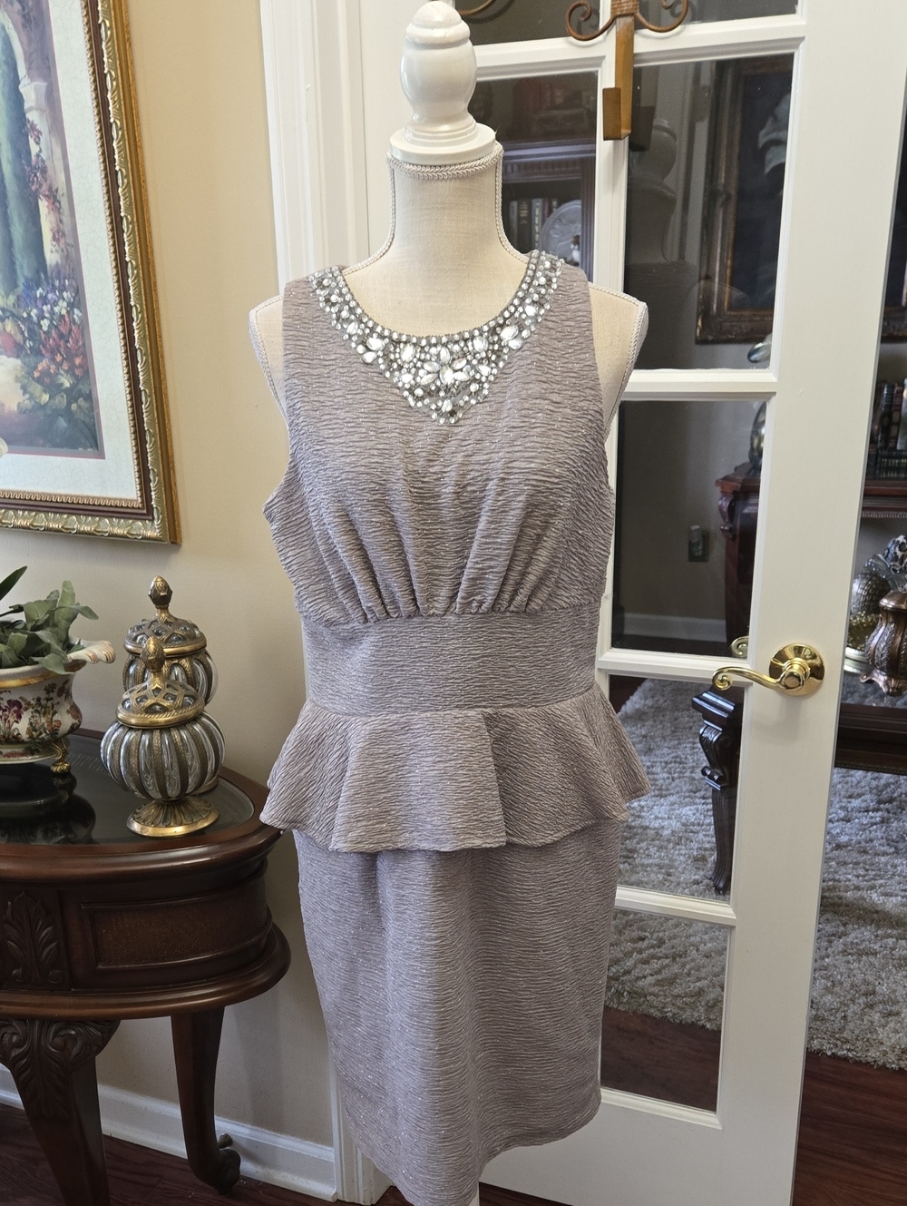 Jackie Jon New York Silver Sparkle Textured Beaded Dress Sleeveless Lined 12 EUC